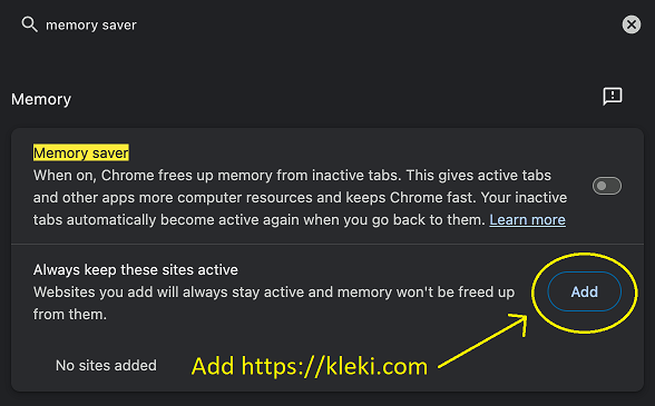 Adding kleki.com as an exception in Chrome's memory saver settings.