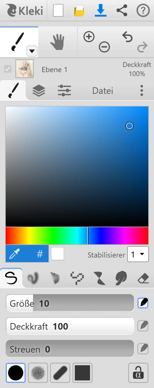 Der Pinsel-Tab mit Farbwähler, Stabilisierer, den Pinseln und den Einstellungen des Stifts.