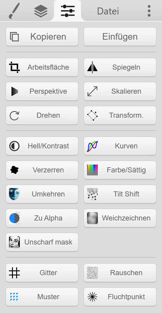 Der Bearbeiten-Tab mit Kopieren, Einfügen und allen Filtern.