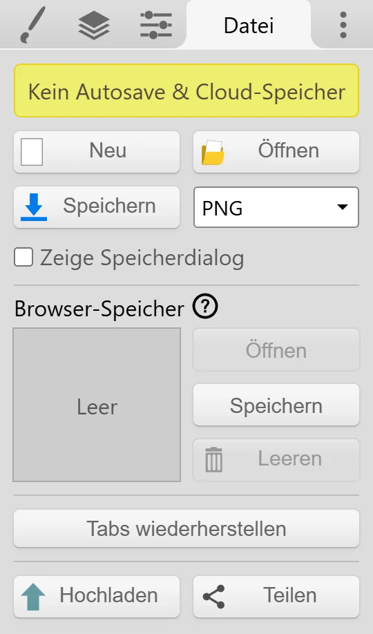 Der Datei-Tab mit Speichern, dem Dateiformat-Dropdown, dem Browser-Speicher und Tabs wiederherstellen.