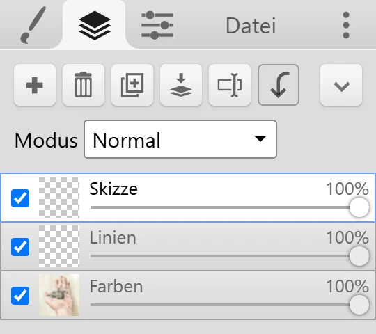 Der Ebenen-Tab mit seinen Schaltflächen, dem Modus-Dropdown und drei Ebenen.