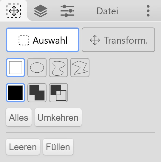 Der Tab des Auswahl-Werkzeugs im Modus Auswahl.