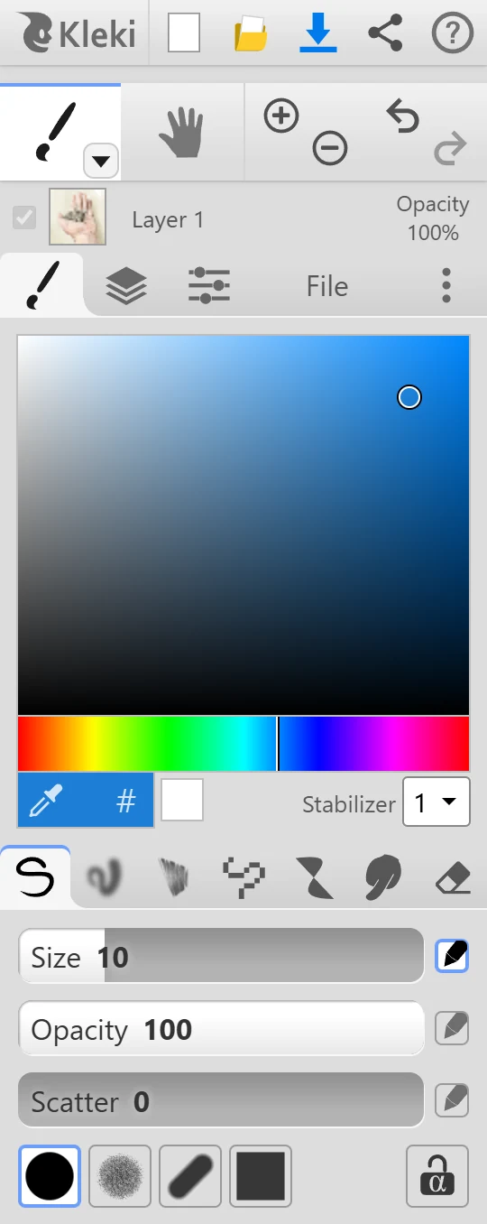 The brush tab with the color picker, the Stabilizer, the brushes, and the Pen's settings.