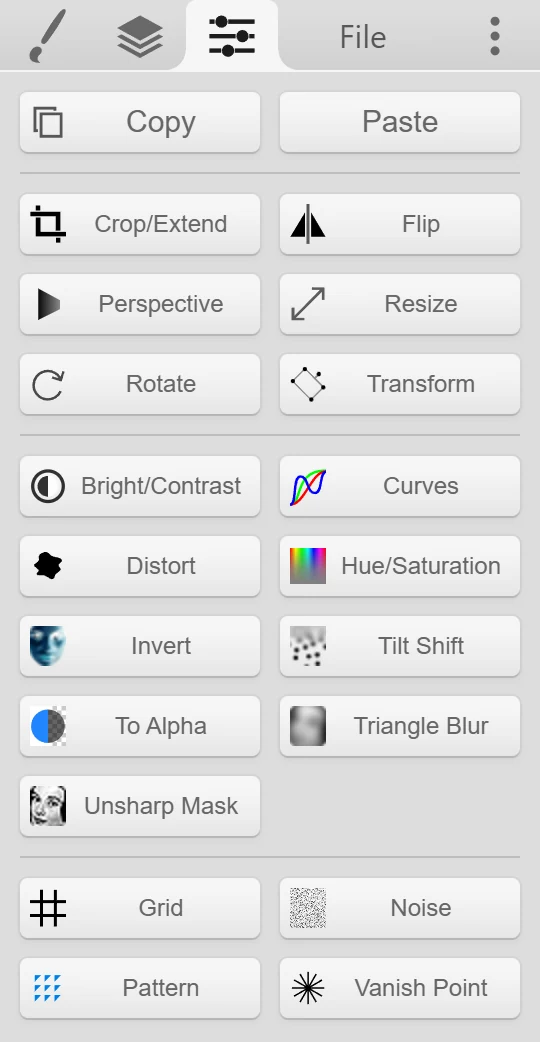 The Edit tab with Copy, Paste, and all filter buttons.