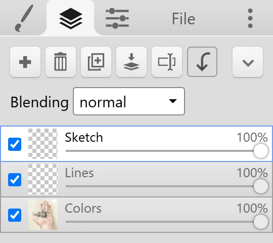 The Layers tab with its buttons, the Blending dropdown, and three layers.