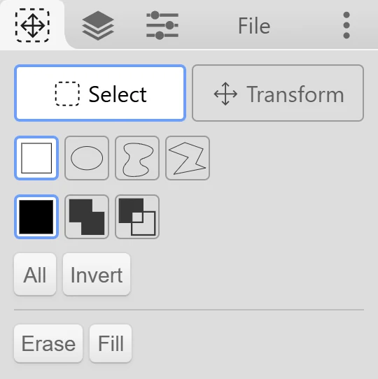 The Select Tool's tab in Select mode.
