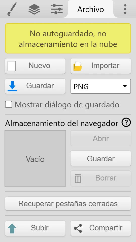 La pestaña Archivo con Guardar, el desplegable de formato de archivo, Almacenamiento del navegador y Recuperar pestañas cerradas.