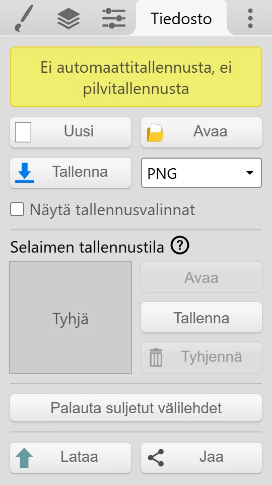 Tiedosto-välilehti, jossa ovat Tallenna, tiedostomuodon pudotusvalikko, selaimen tallennustila ja Palauta suljetut välilehdet.