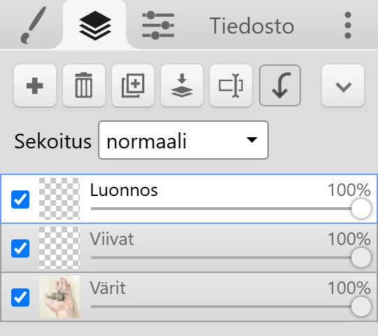 Tasot-välilehti painikkeineen, Sekoitus-pudotusvalikko ja kolme tasoa.