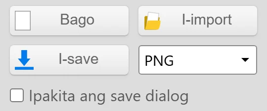 Ang button na I-save at dropdown ng format ng file ng Kleki