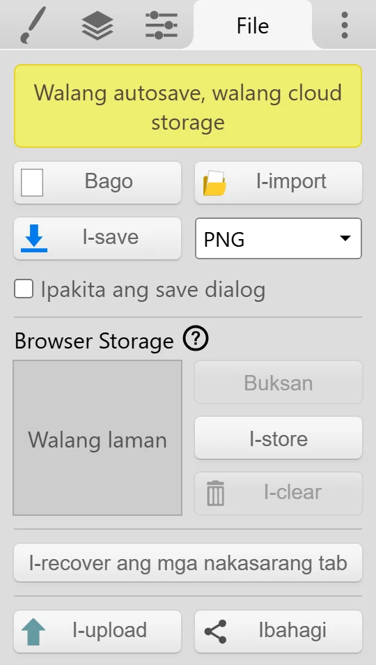 Ang tab na File na may I-save, ang dropdown ng format ng file, Browser Storage, at I-recover ang mga nakasarang tab.