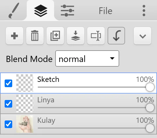 Ang tab na Mga Layer kasama ang mga button nito, ang dropdown na Blend Mode, at tatlong layer.