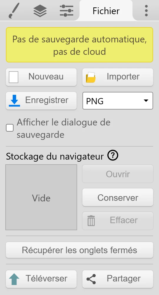 L'onglet Fichier avec Enregistrer, le menu déroulant du format de fichier, le Stockage du navigateur et Récupérer les onglets fermés.