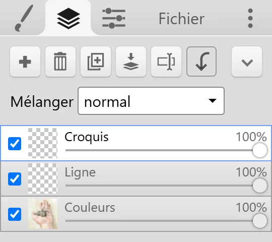 L'onglet Calques avec ses boutons, le menu déroulant Mélanger et trois calques.