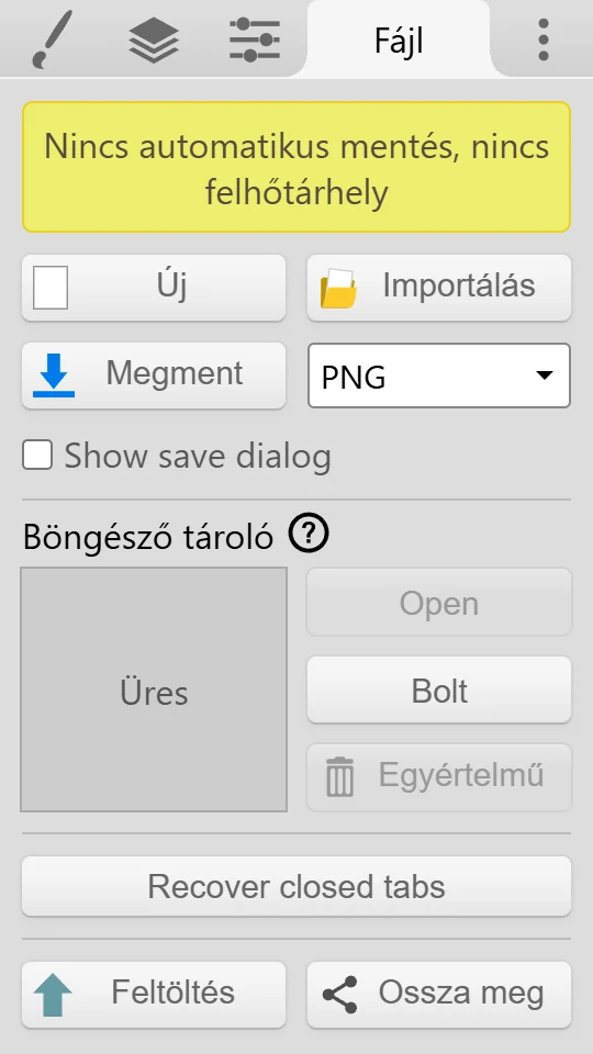 A Fájl fül a Mentés gombbal, a fájlformátum legördülő menüvel, a Böngésző tárolóval és a Recover closed tabs gombbal.
