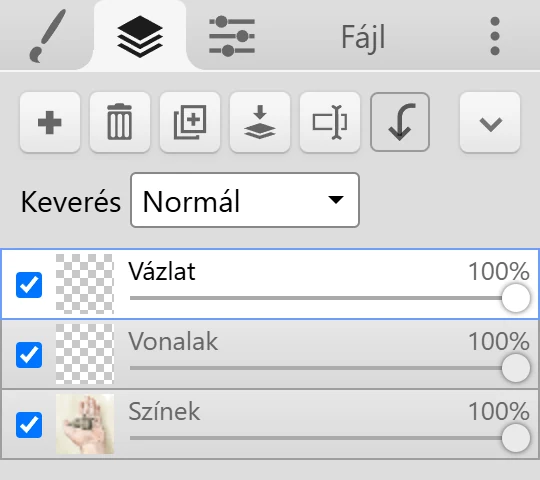 A Rétegek fül a gombjaival, a Keverés legördülő menüvel és három réteggel.