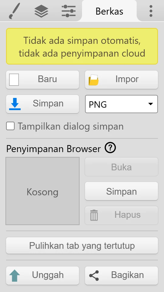 Tab Berkas dengan Simpan, dropdown format berkas, Penyimpanan Browser, dan Pulihkan tab yang tertutup.