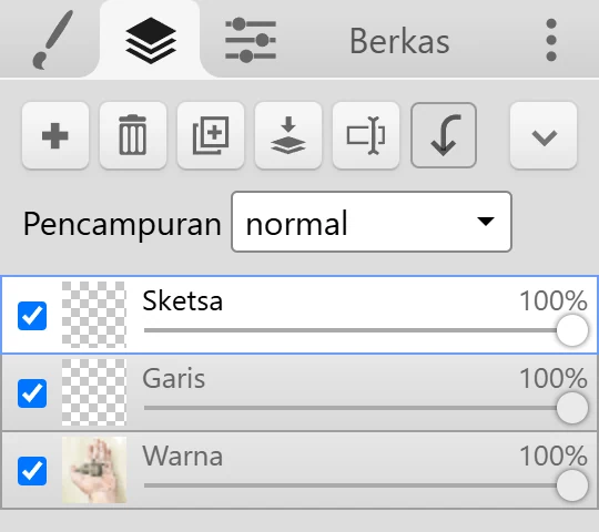 Tab Lapisan dengan tombol-tombolnya, dropdown Pencampuran, dan tiga lapisan.