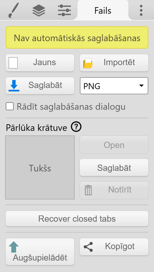 Cilne Fails ar pogu Saglabāt, faila formāta nolaižamo sarakstu, pārlūka krātuvi un pogu Recover closed tabs.