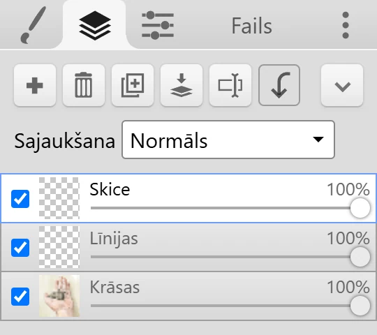 Cilne Slāņi ar pogām, nolaižamo sarakstu Sajaukšana un trim slāņiem.