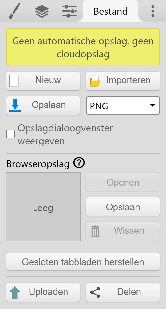 Het tabblad Bestand met Opslaan, de keuzelijst voor het bestandsformaat, Browseropslag en Gesloten tabbladen herstellen.