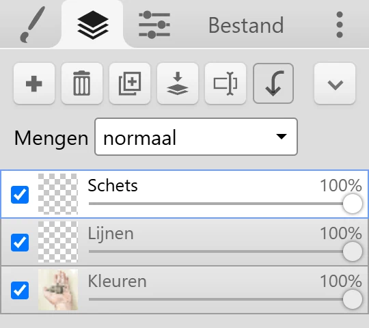 Het tabblad Lagen met de knoppen, de keuzelijst Mengen en drie lagen.