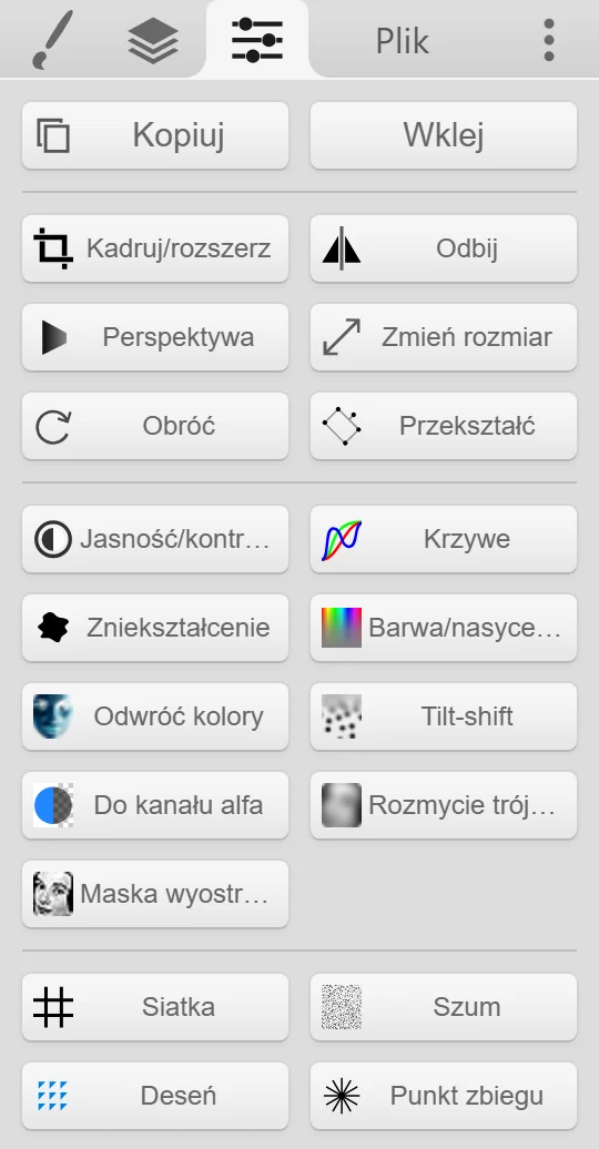 Karta Edycja z przyciskami Kopiuj, Wklej i wszystkimi filtrami.