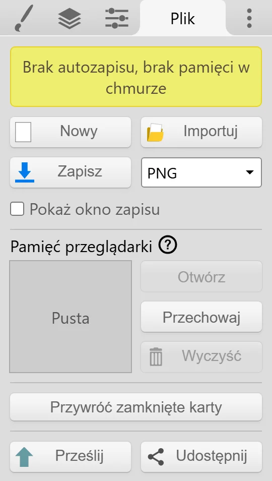 Karta Plik z przyciskiem Zapisz, menu rozwijanym formatu pliku, Pamięcią przeglądarki i opcją Przywróć zamknięte karty.