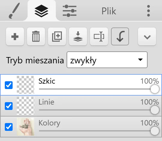 Karta Warstwy z przyciskami, menu rozwijanym Tryb mieszania i trzema warstwami.