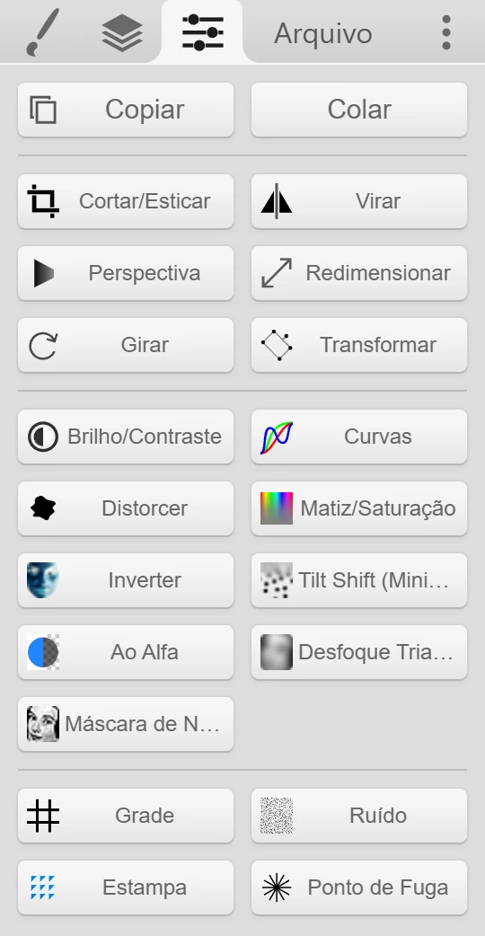 A aba Editar com Copiar, Colar e todos os botões de filtro.