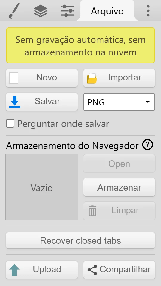 A aba Arquivo com Salvar, o menu de formato de arquivo, Armazenamento do Navegador e Recover closed tabs.