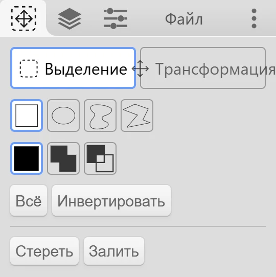 Вкладка инструмента «Выделение» в режиме «Выделение».