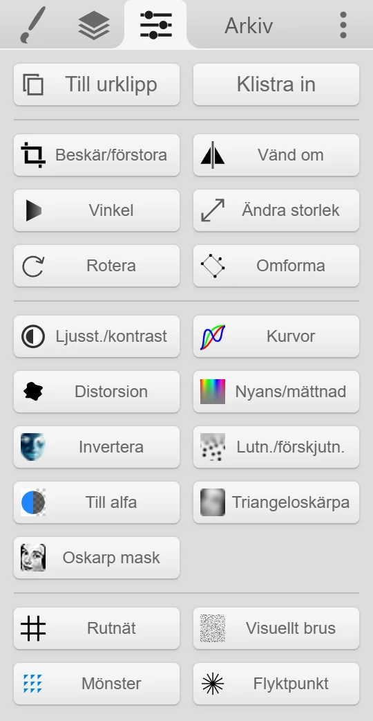 Fliken Redigera med Till urklipp, Klistra in och alla filterknappar.