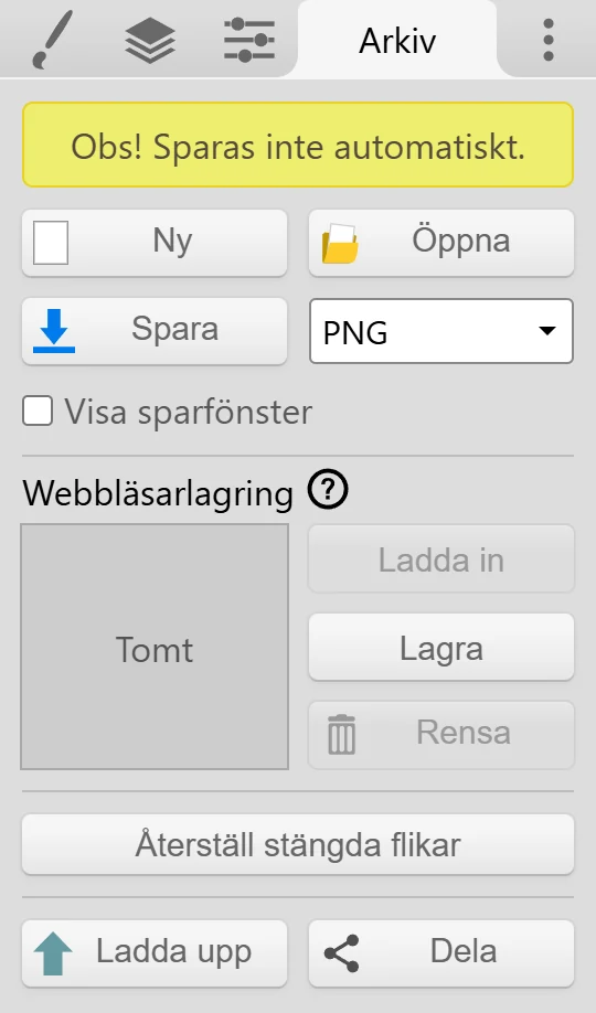 Fliken Arkiv med Spara, rullgardinsmenyn för filformat, Webbläsarlagring och Återställ stängda flikar.