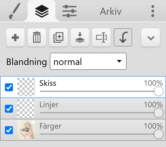 Fliken Lager med sina knappar, rullgardinsmenyn Blandning och tre lager.