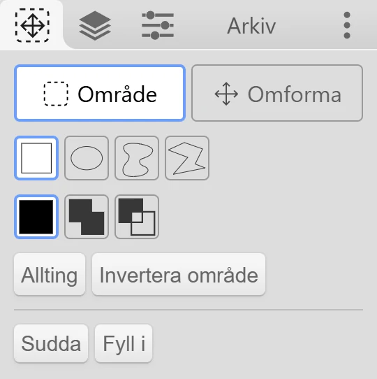 Områdesverktygets flik i läget Område.