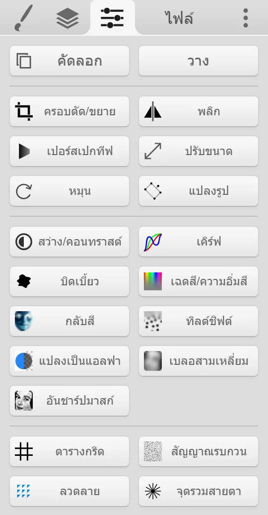 แท็บแก้ไขที่มีปุ่มคัดลอก วาง และฟิลเตอร์ทั้งหมด