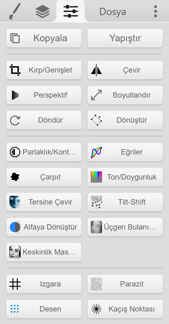 Kopyala, Yapıştır ve tüm filtre düğmelerini içeren Düzenle sekmesi.
