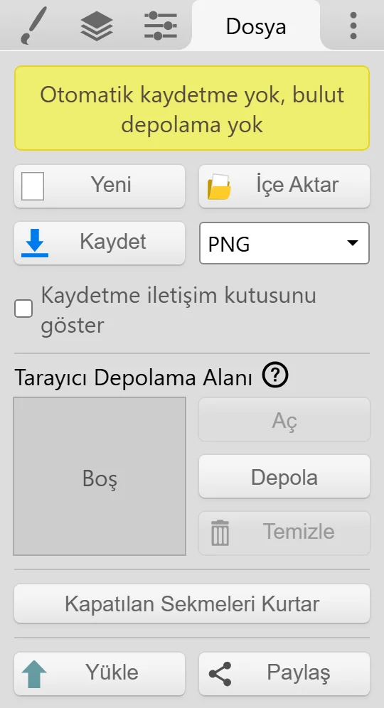 Kaydet, dosya biçimi açılır menüsü, Tarayıcı Depolama Alanı ve Kapatılan Sekmeleri Kurtar seçeneklerini içeren Dosya sekmesi.