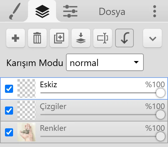 Düğmeleri, Karışım Modu açılır menüsü ve üç katmanıyla Katmanlar sekmesi.