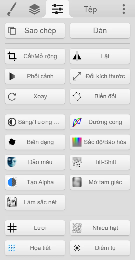 Thẻ Chỉnh sửa với các nút Sao chép, Dán và tất cả bộ lọc.