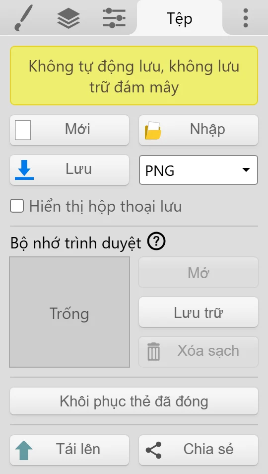 Thẻ Tệp với nút Lưu, menu thả xuống định dạng tệp, Bộ nhớ trình duyệt và Khôi phục thẻ đã đóng.