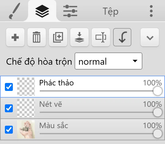 Thẻ Lớp với các nút bấm, menu thả xuống Chế độ hòa trộn và ba lớp.