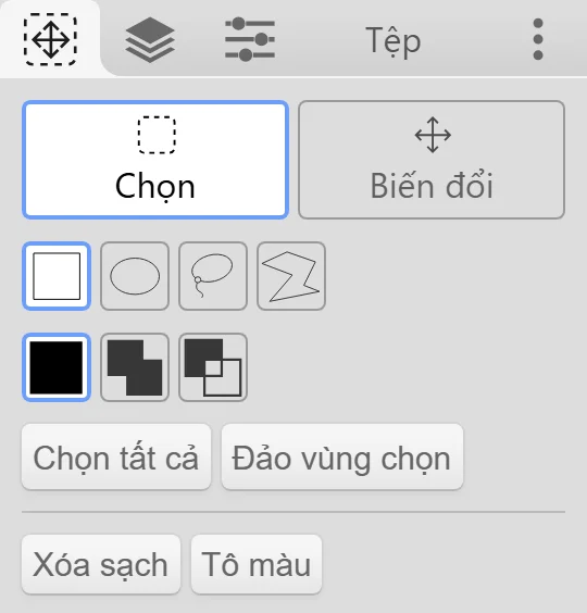 Thẻ Công cụ chọn ở chế độ Chọn.