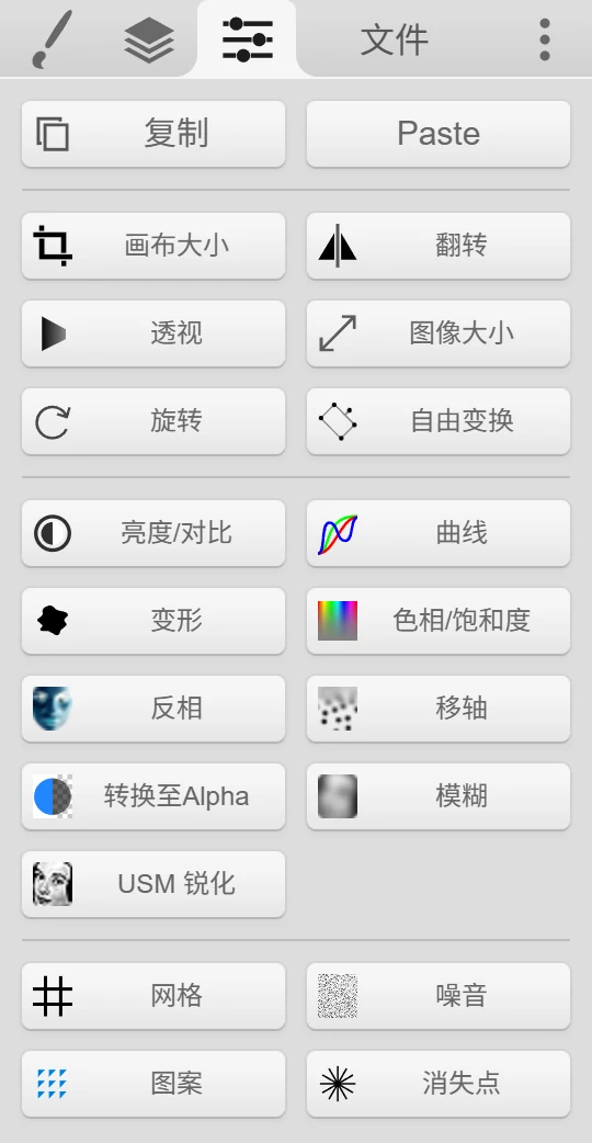 编辑选项卡，包括复制、Paste 和所有滤镜按钮。