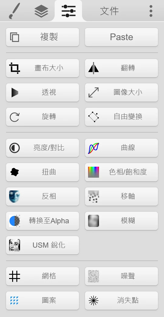 編輯分頁，包含複製、Paste 和所有濾鏡按鈕。